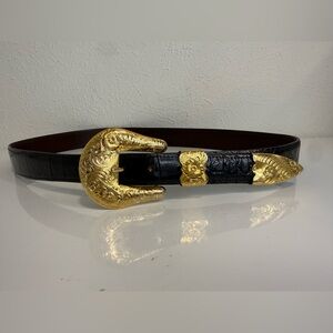 Vintage Chacon Black Alligator Belt Al Beres German Silver Buckle Size 36